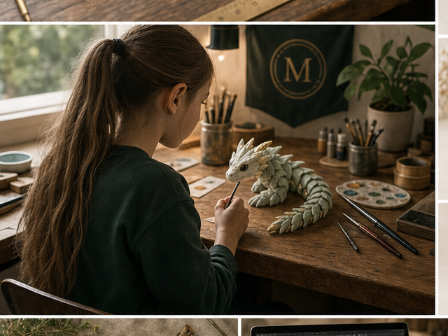 Maggie working at a studio table painting a dragon figure.