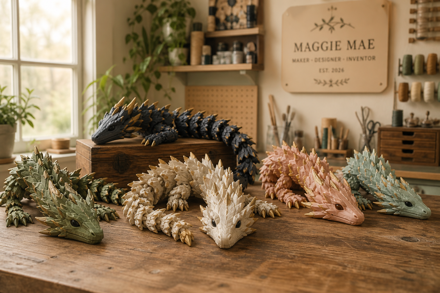 A collection of articulated 3D printed dragons displayed on a studio workbench.